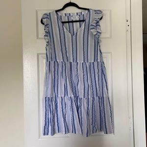 Blue and white horizontal striped dress w/ pockets